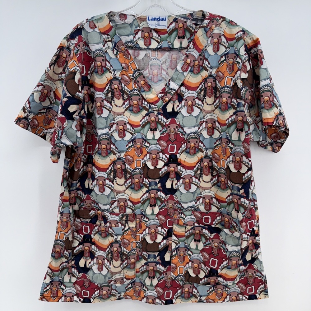 Landau Womens Thanksgiving Turkey Print Scrub Top V-Neck Holiday Medical Uniform